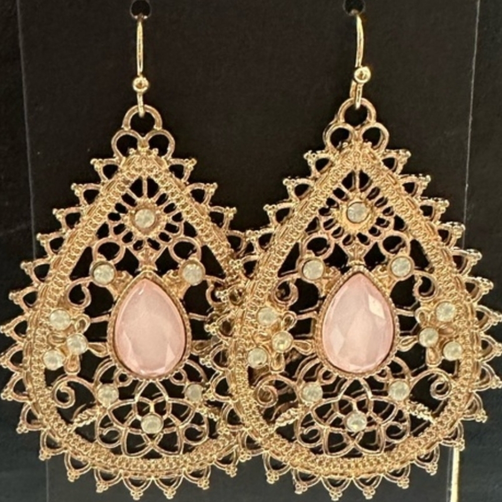 Elegant Gold and Pink Filigree Earrings
